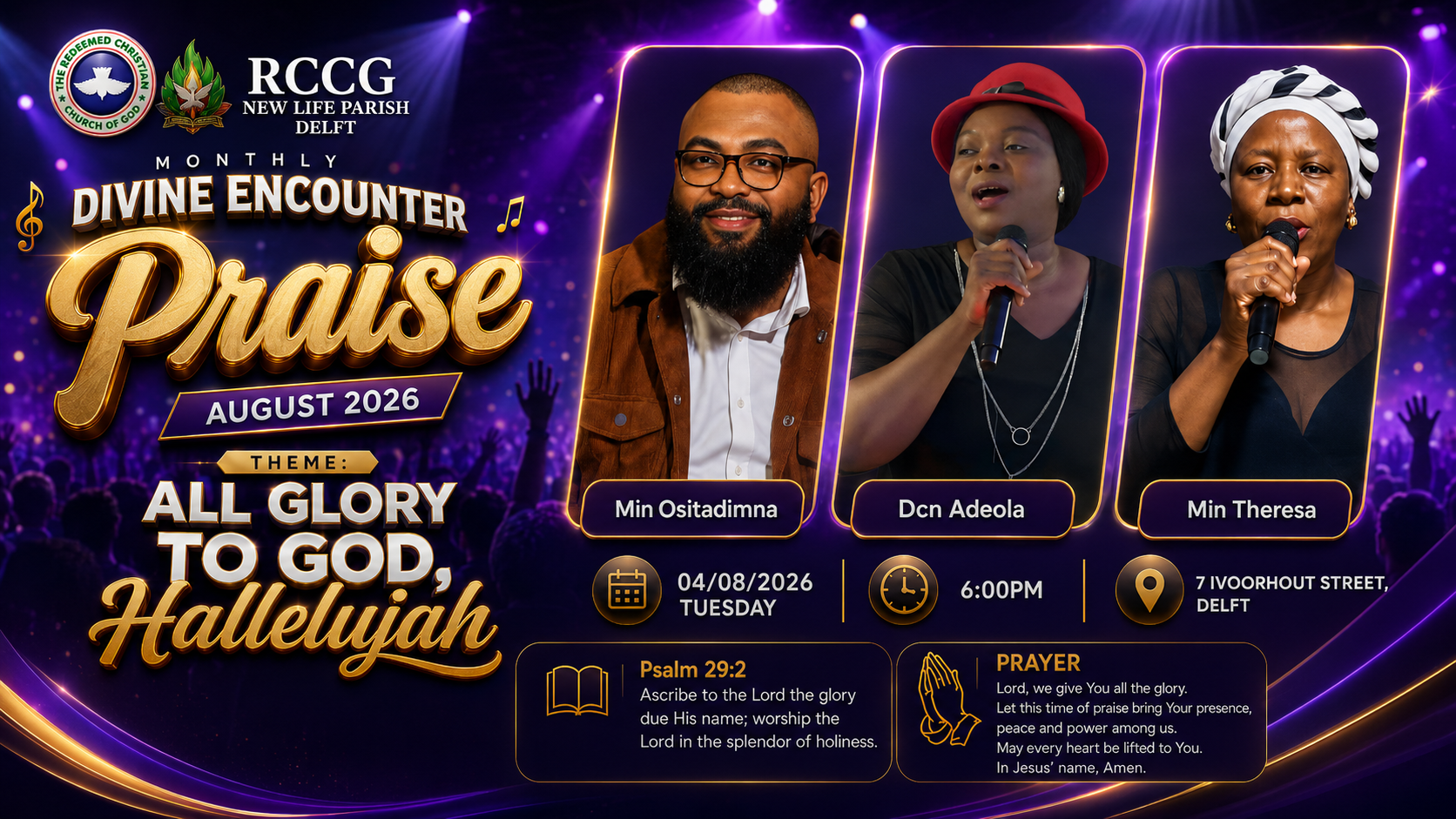 Divine Encounter Praise poster — Tuesday 4 August 2026, 6PM, 7 Ivoorhout Street, Delft