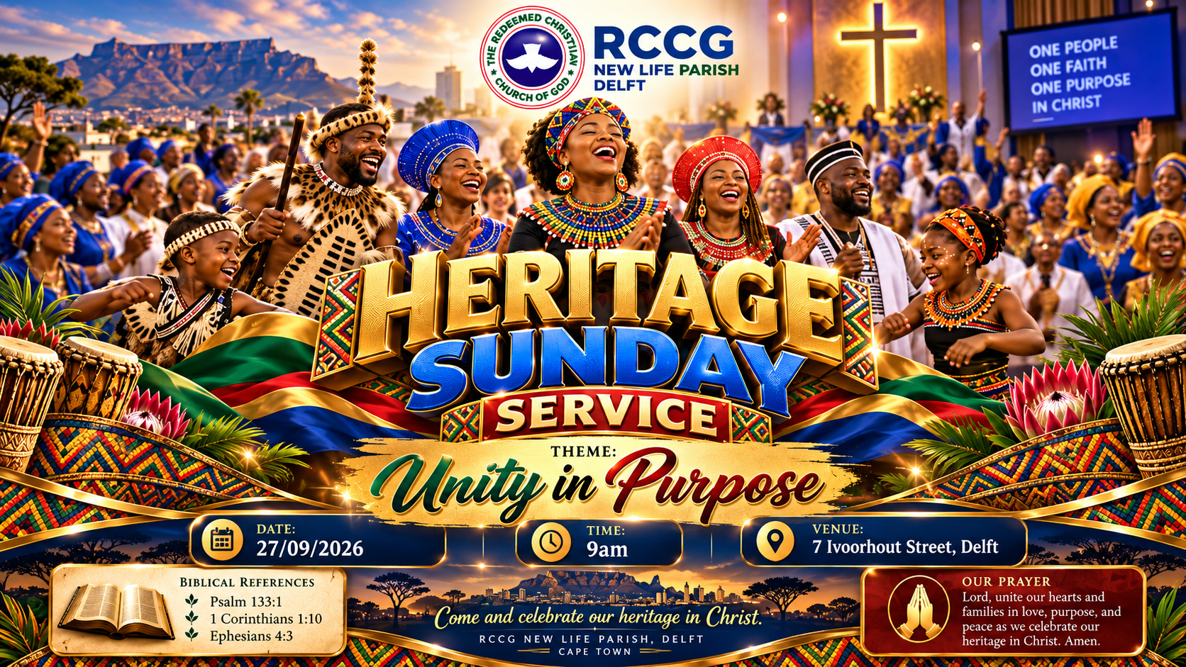 Heritage Sunday Service poster — Unity In Purpose, Sunday 27 September 2026, 9AM, 7 Ivoorhout Street, Delft