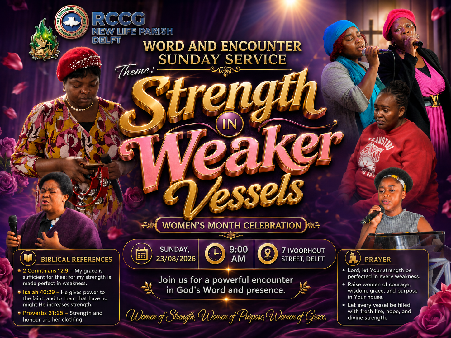 Word And Encounter Sunday Service poster — Strength In Weaker Vessels, Women's Month Celebration, Sunday 23 August 2026, 9AM, 7 Ivoorhout Street, Delft