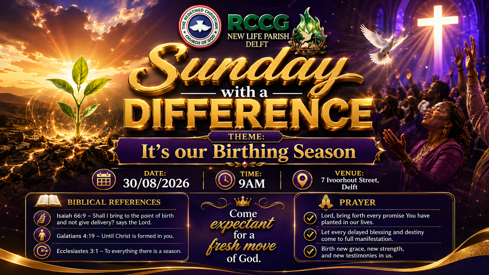 Sunday With A Difference poster — It's our Birthing Season, Sunday 30 August 2026, 9AM, 7 Ivoorhout Street, Delft
