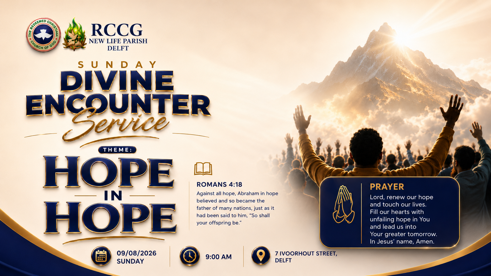 Divine Encounter Service poster — Hope In Hope, Sunday 9 August 2026, 9AM, 7 Ivoorhout Street, Delft