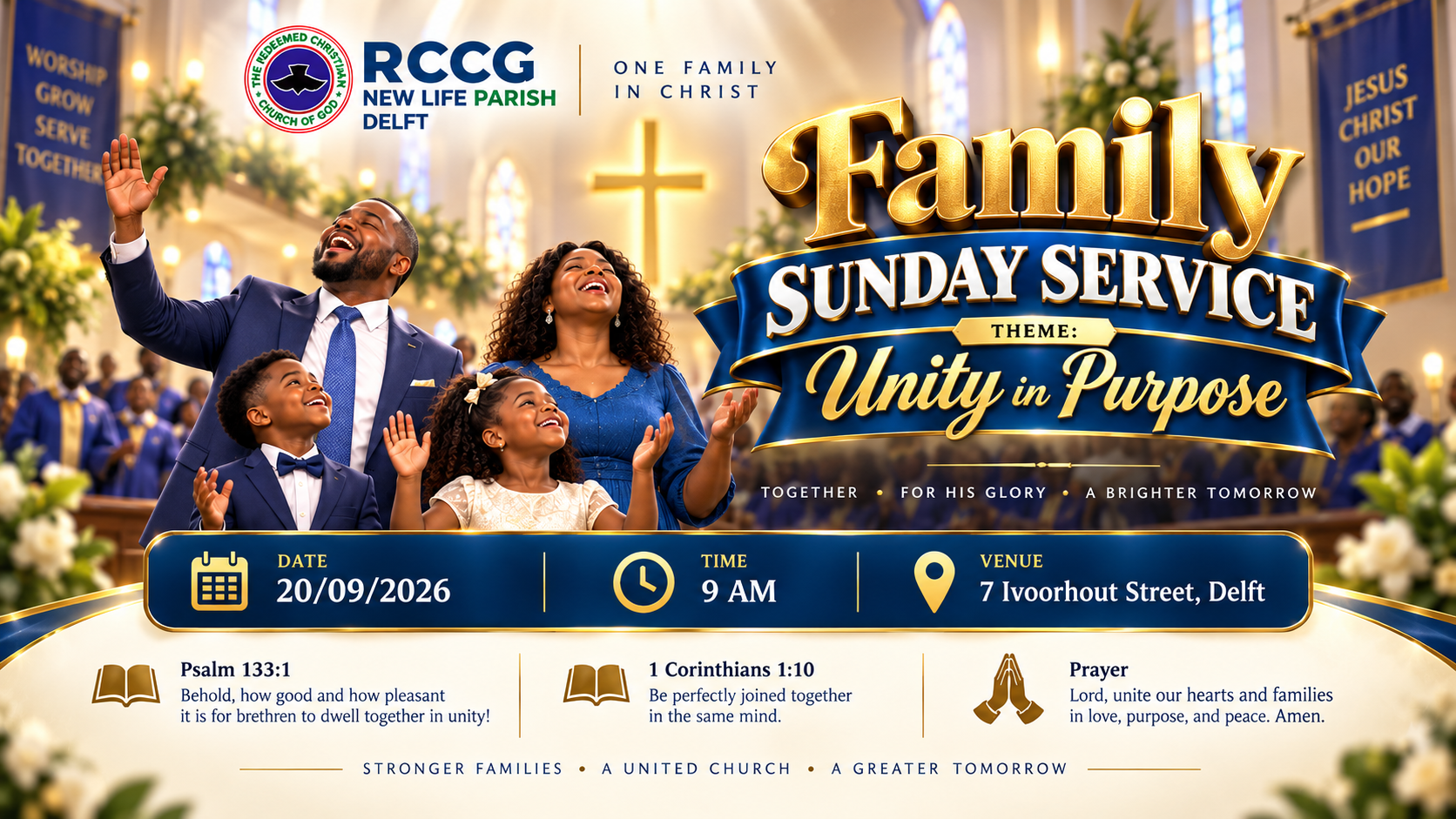 Family Sunday Service poster — Unity In Purpose, Sunday 20 September 2026, 9AM, 7 Ivoorhout Street, Delft