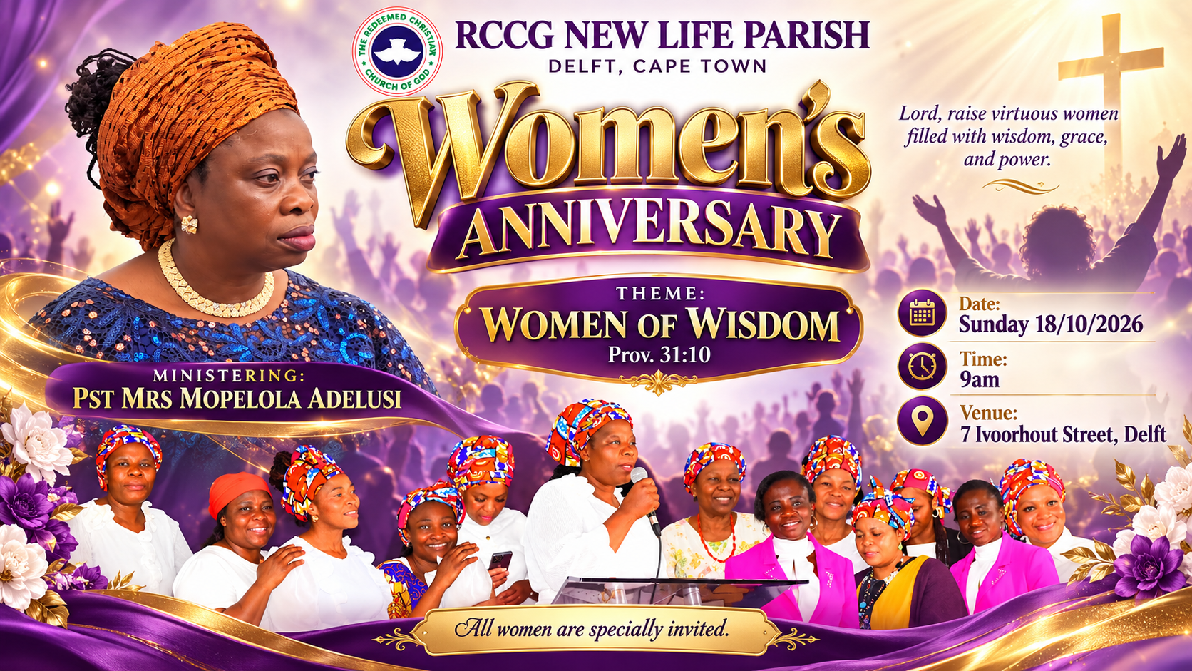 Women’s Anniversary — Women of Wisdom, Proverbs 31:10, Sunday 18 October 2026, 9AM, 7 Ivoorhout Street, Delft