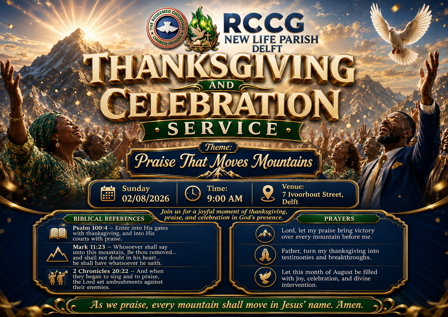 Thanksgiving and Celebration Service poster — Sunday 2 August 2026, 9AM, 7 Ivoorhout Street, Delft