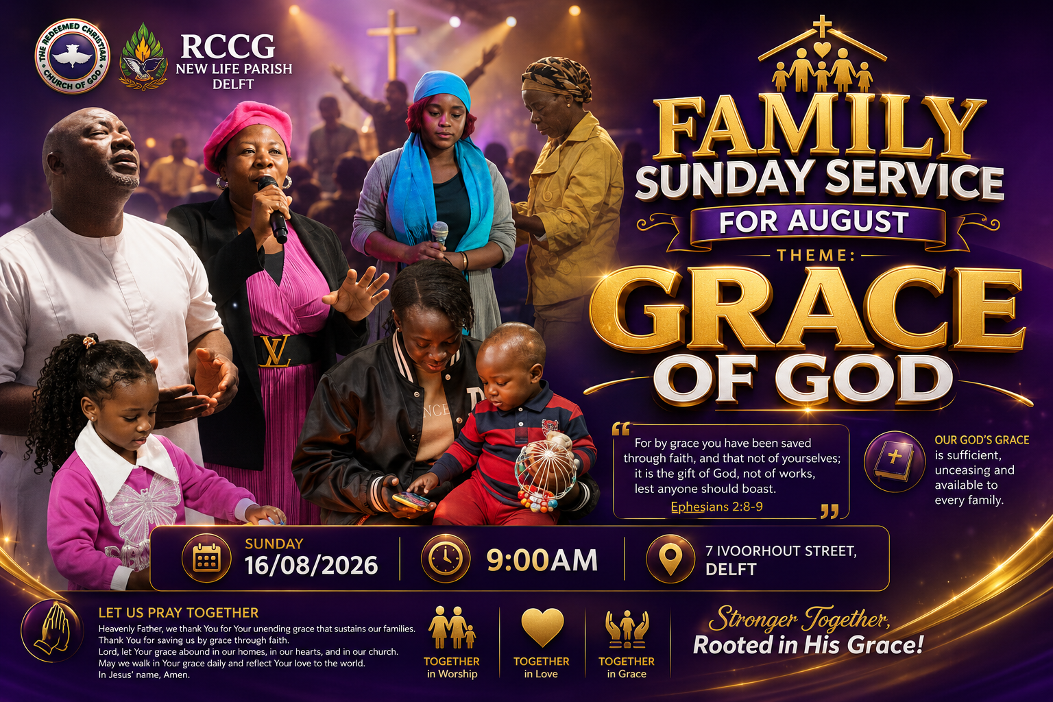 Family Sunday Service poster — Grace Of God, Sunday 16 August 2026, 9AM, 7 Ivoorhout Street, Delft