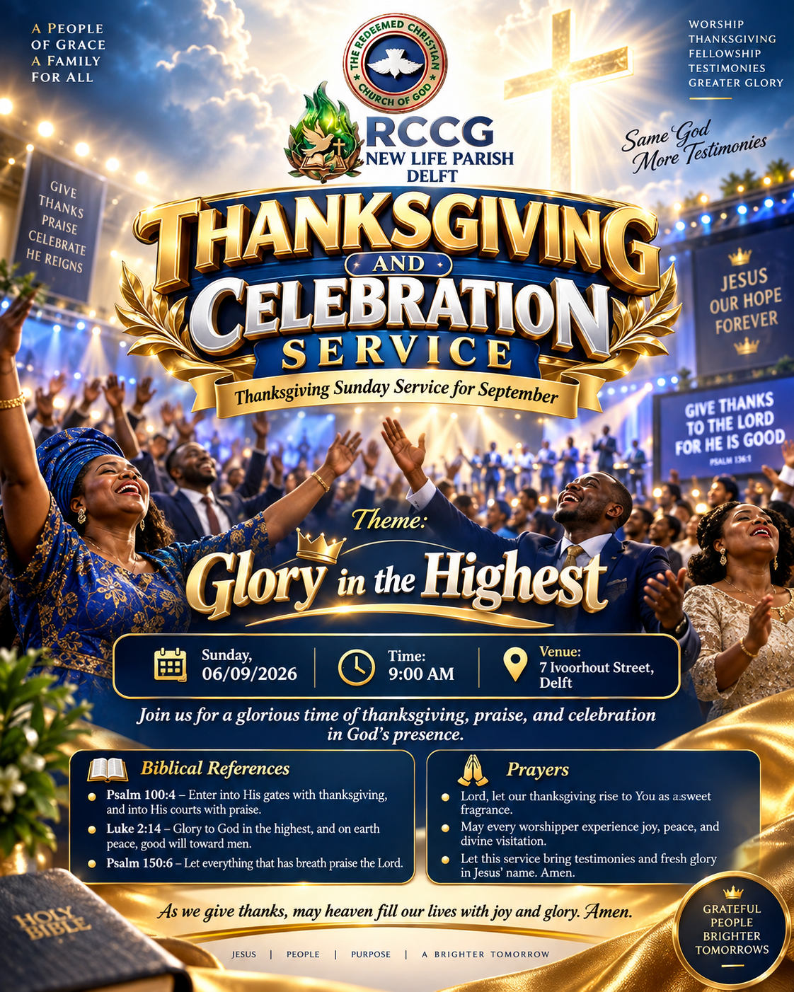 Thanksgiving and Celebration Service poster — Glory in the Highest, Sunday 6 September 2026, 9AM, 7 Ivoorhout Street, Delft