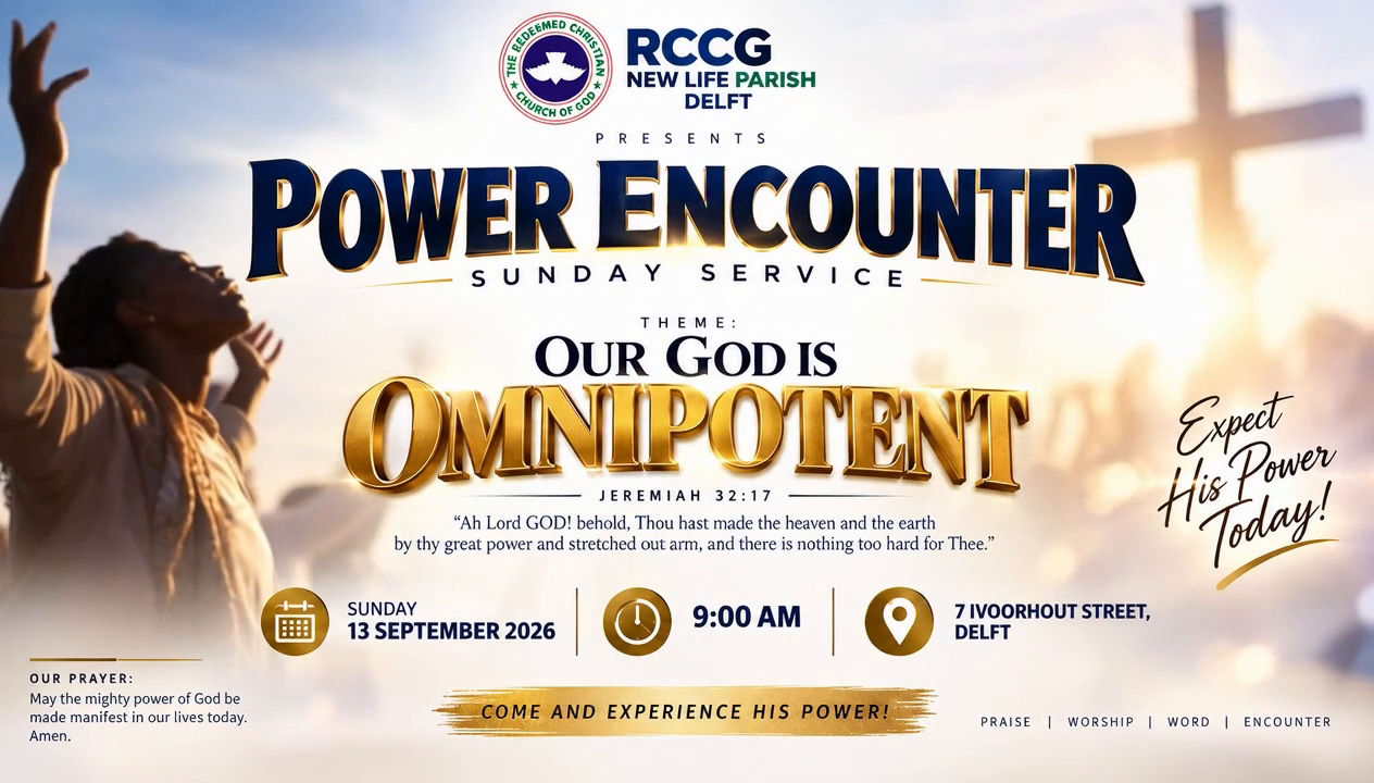 Power Encounter Sunday Service poster — Our God Is Omnipotent, Sunday 13 September 2026, 9AM, 7 Ivoorhout Street, Delft